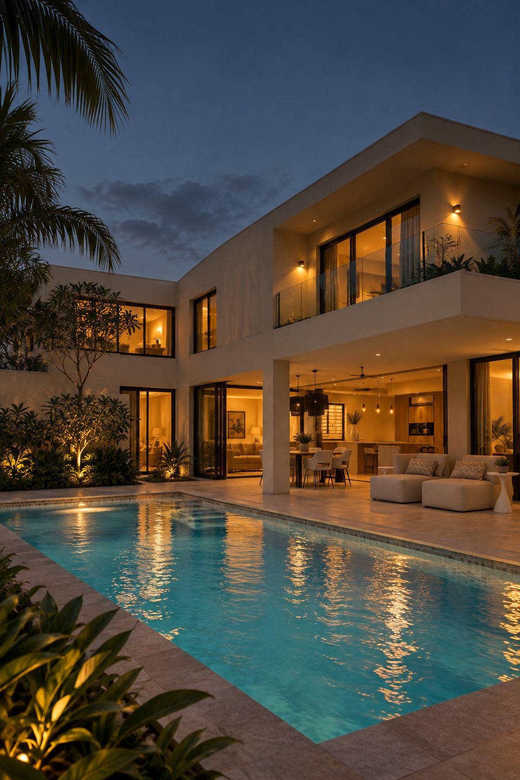 A modern villa with a lit pool and terrace at dusk in Mauritius