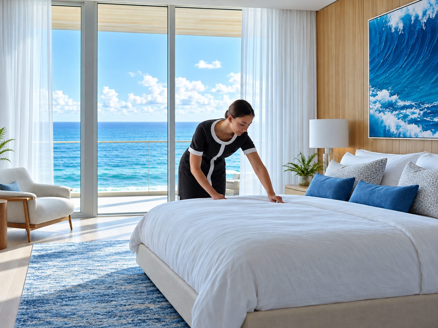 A housekeeper preparing a bed with crisp white linen in an ocean-view bedroom