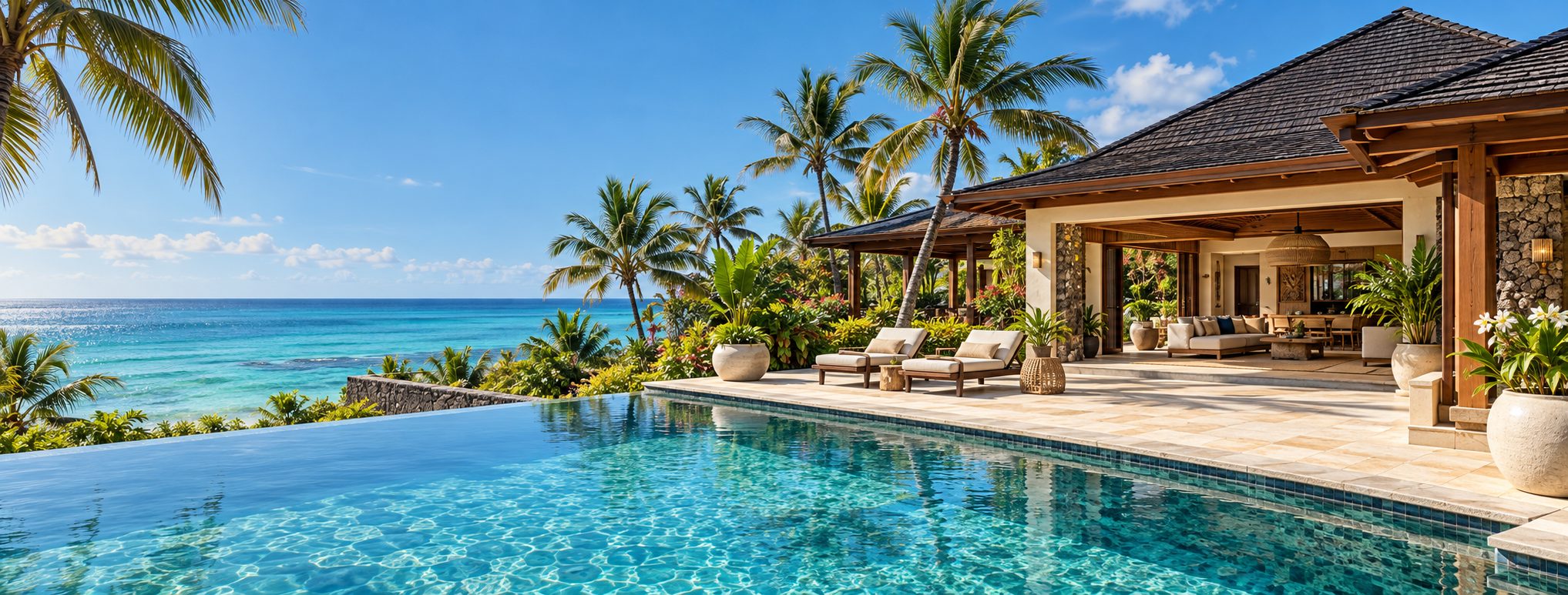 Luxury villa terrace with an infinity pool overlooking the turquoise ocean